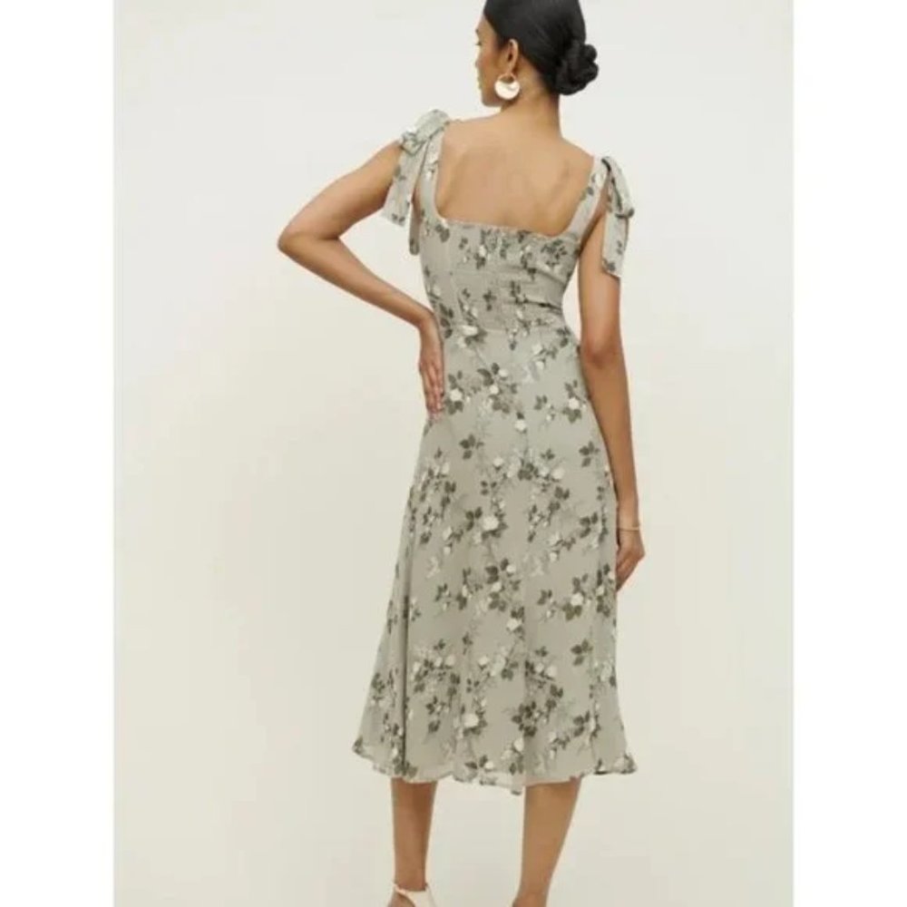 NWOT Reformation Twilight Dress in Verde Green White Floral Midi Tie Straps - Picture 5 of 14